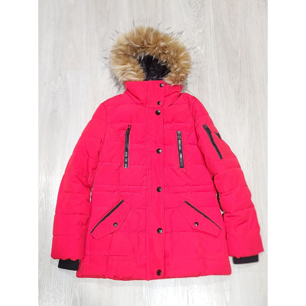 GUESS Puffer Parka Jacket Faux Fur Hood Red S/CH/XS Zip Pockets Winter Used